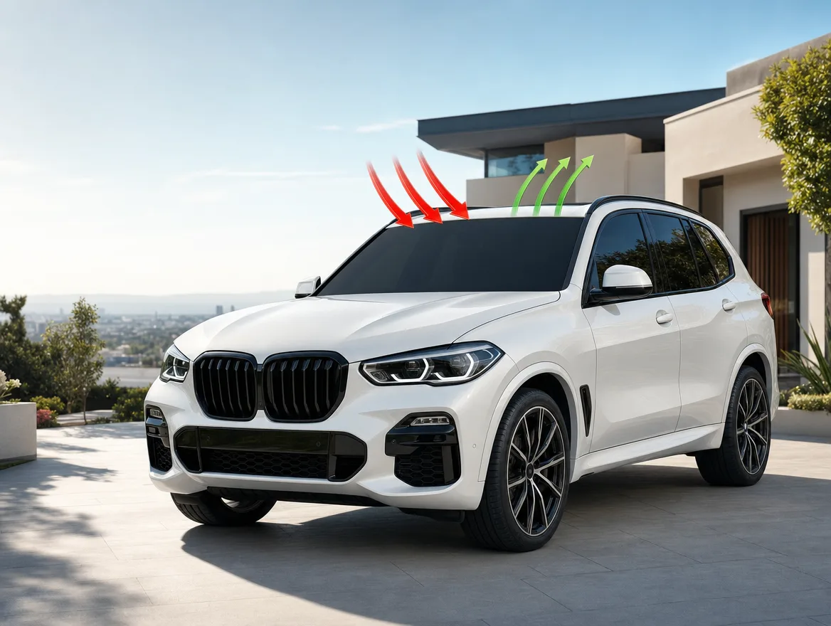 White BMW X5 with tinted windows and a heat-rejection arrow graphic, illustrating superior heat rejection