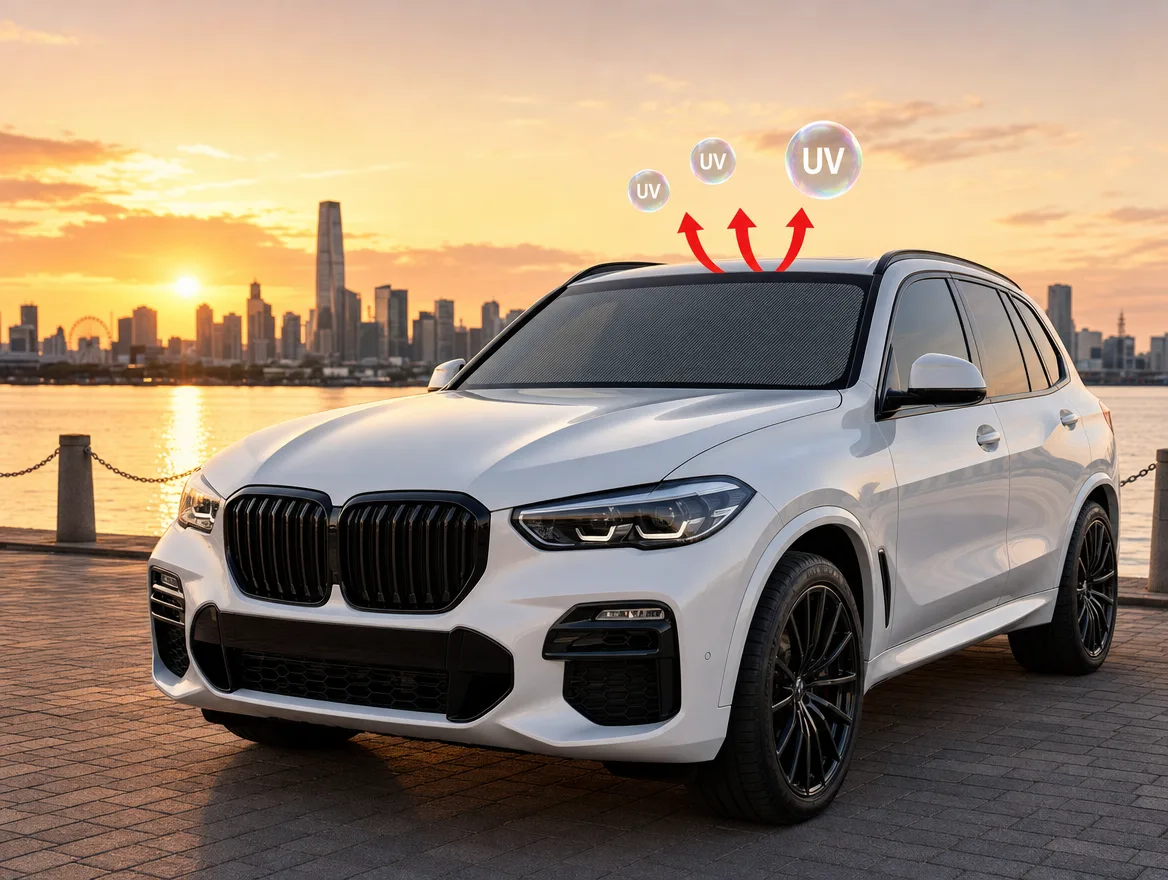 White BMW X5 with tinted windows deflecting UV rays, illustrating UV ray protection