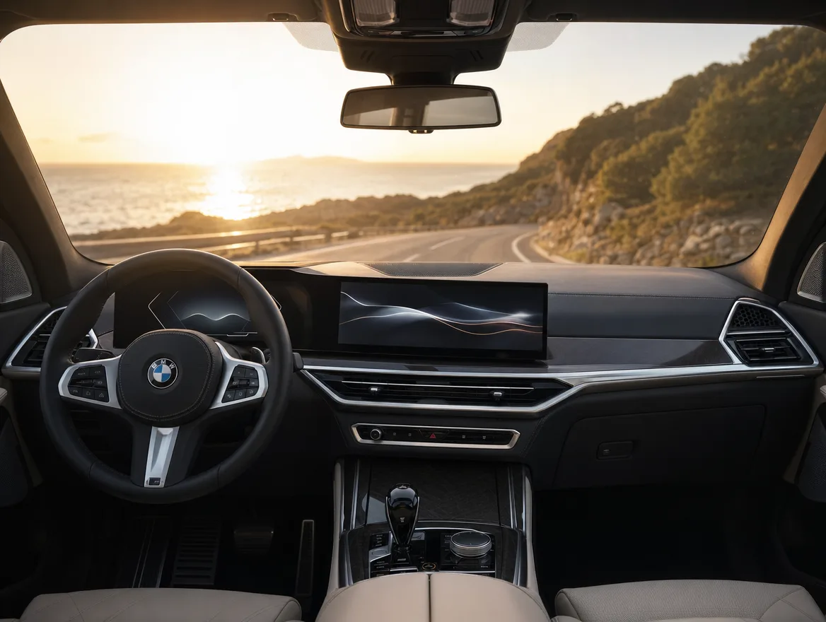 BMW X5 interior dashboard view driving into harsh sunset glare, with tinted glass keeping the cabin comfortable