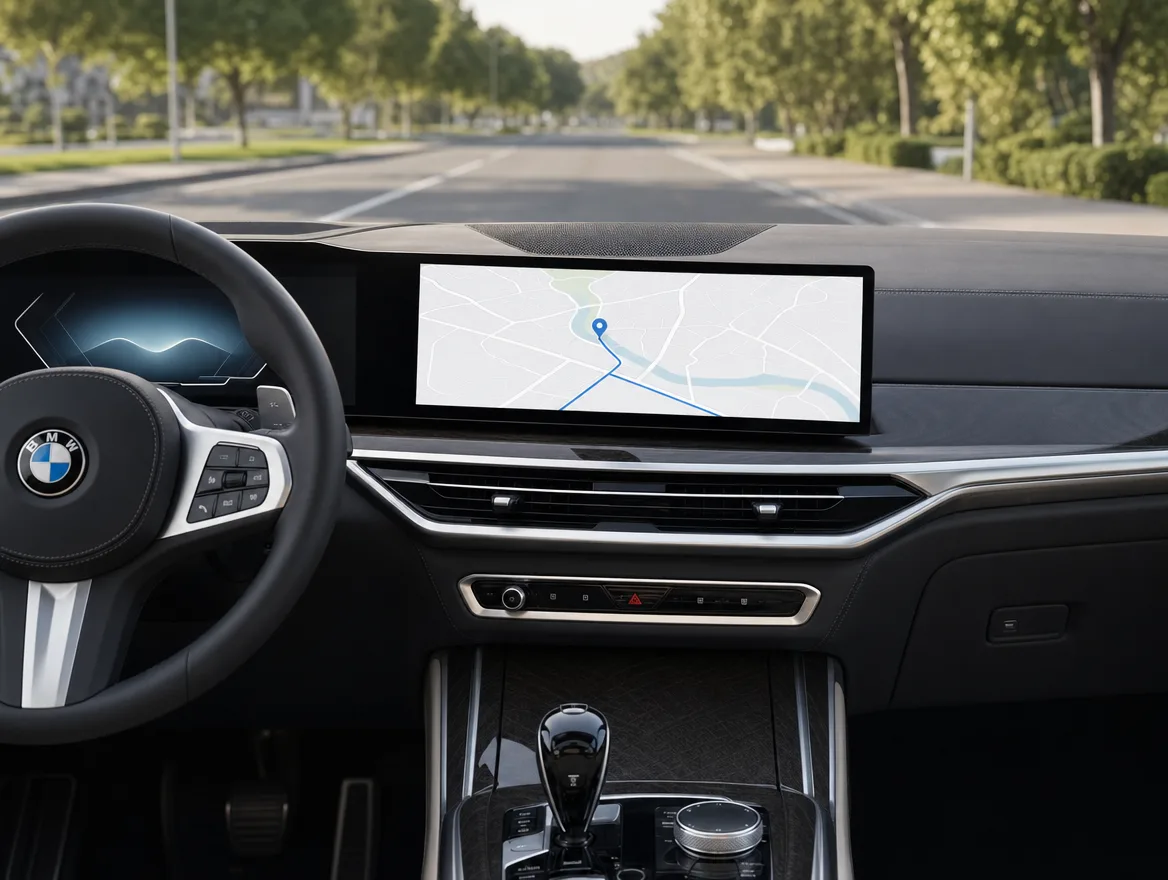 BMW X5 interior dashboard with GPS navigation on screen, illustrating signal clarity through tinted glass