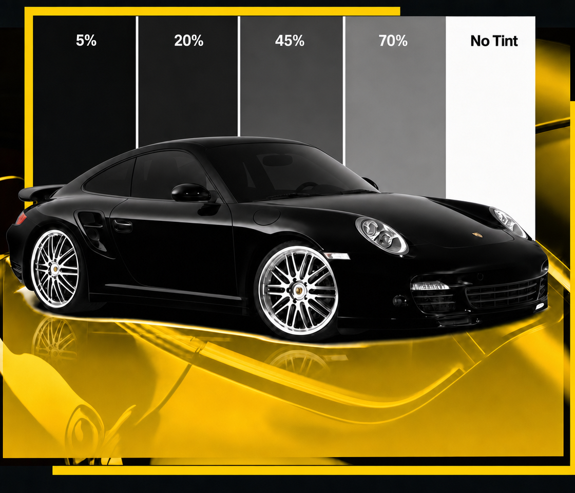 Black Porsche with tint shade strips