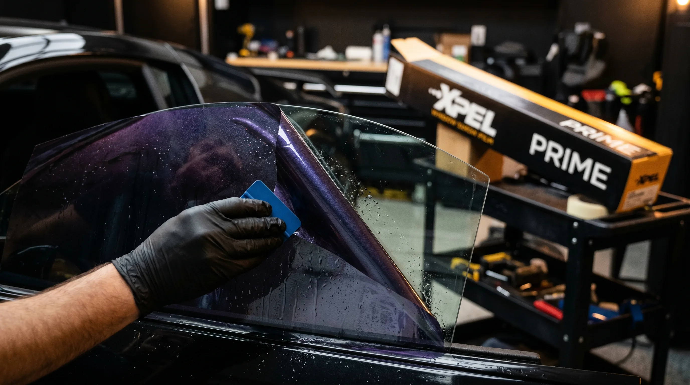 Installing XPEL PRIME window film by hand at NY Window Tinting