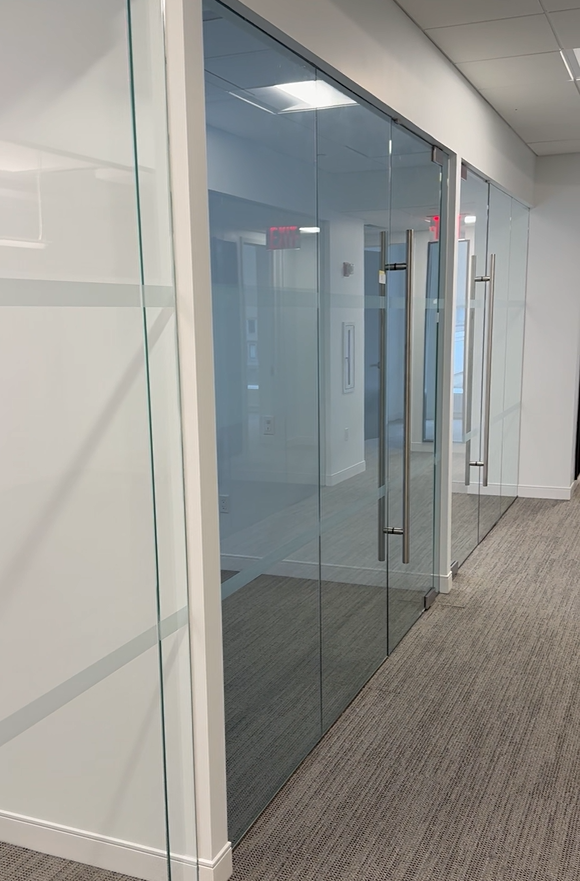 Office waiting room with frosted glass partitions